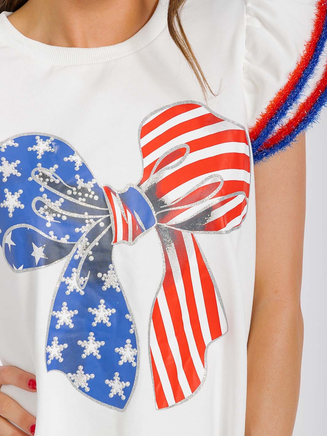 WOMEN'S SHORT SLEEVE BOW PATRIOTIC GRAPHIC TOP