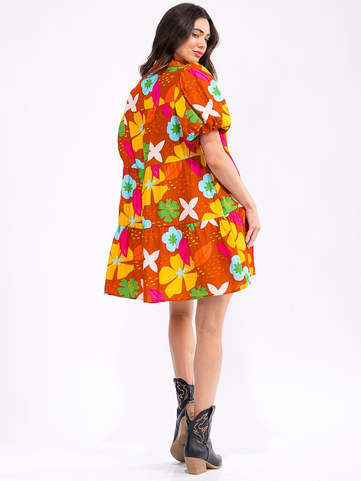 WOMEN'S SHORT PUFF SLEEVE V-NECK BUTTON UP POCKETS FLORAL MINI DRESS