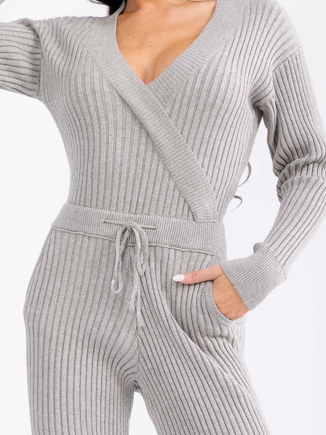 WOMEN'S LONG SLEEVE SURPLICE SELF TIE FRONT POCKETS SKINNY RIBBED JUMPSUIT
