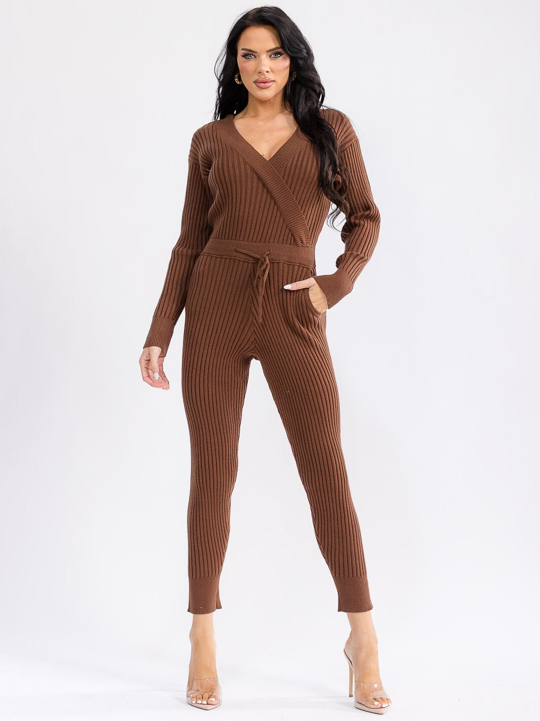 WOMEN'S LONG SLEEVE SURPLICE SELF TIE FRONT POCKETS SKINNY RIBBED JUMPSUIT