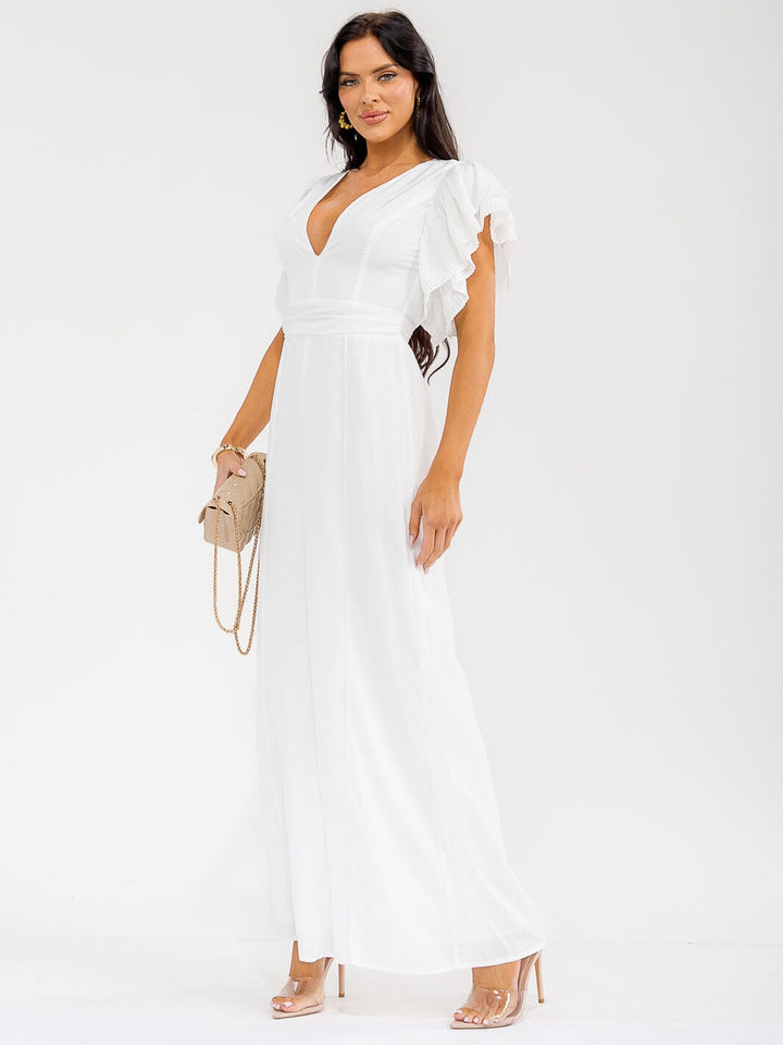 WOMEN'S SHORT RUFFLE SLEEVE SURPLICE WIDE LEG JUMPSUIT