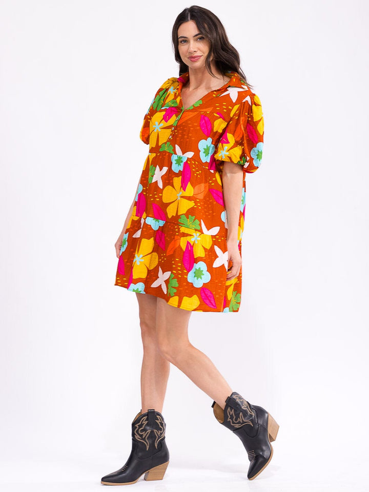 WOMEN'S SHORT PUFF SLEEVE V-NECK BUTTON UP POCKETS FLORAL MINI DRESS
