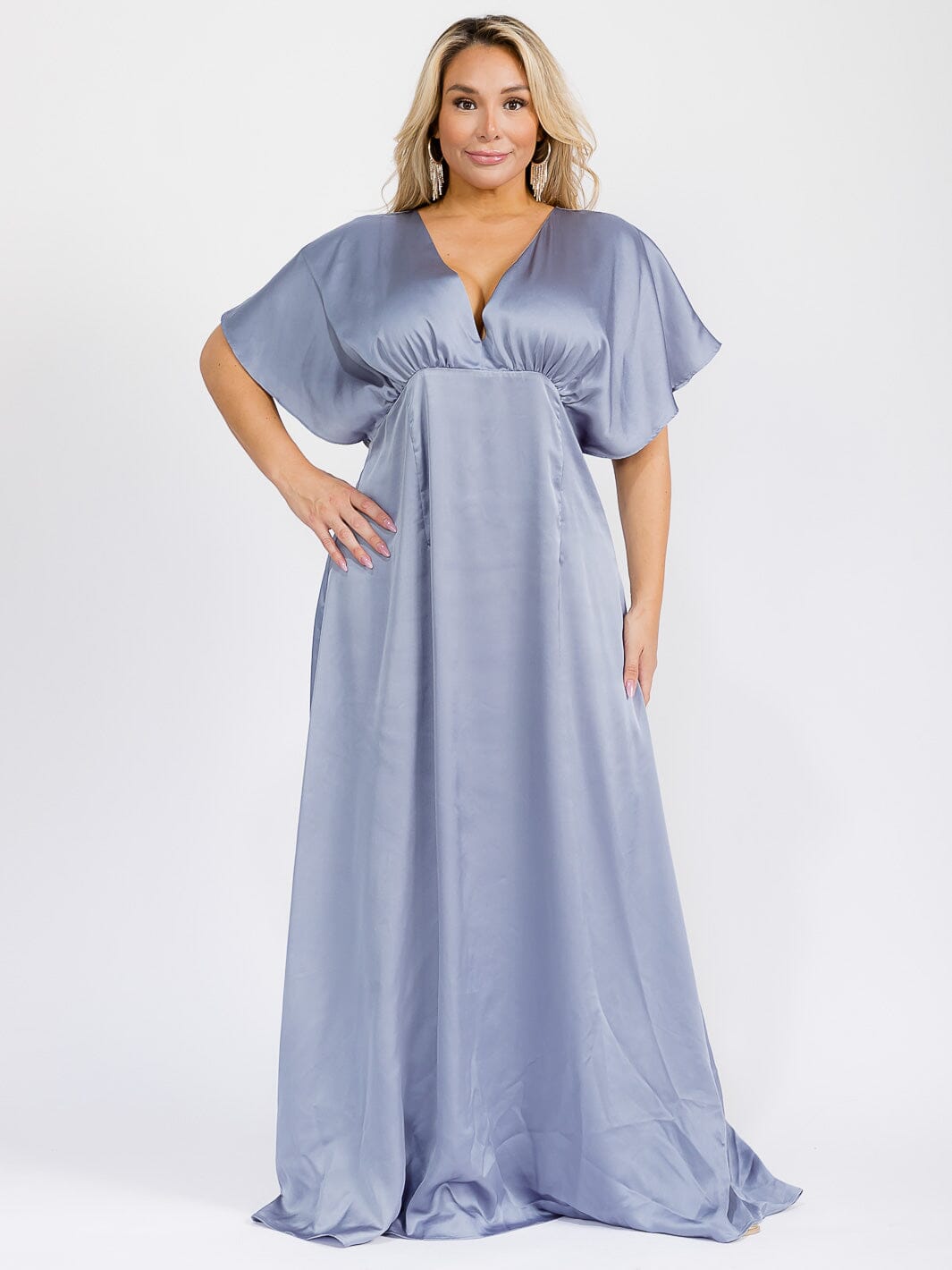 PUS SIZE SHORT SLEEVE V-NECK OPEN BACK MAXI GOWN DRESS