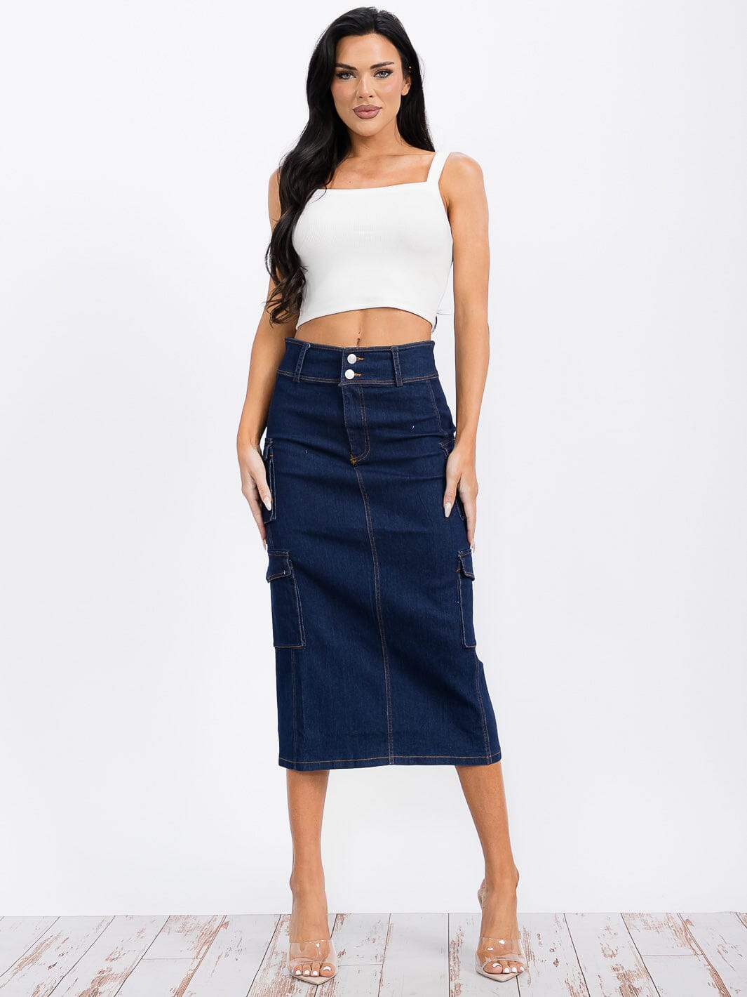 WOMEN'S BUTTON CLOSURE CARGO POCKETS DENIM MIDI SKIRT