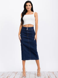 WOMEN'S BUTTON CLOSURE CARGO POCKETS DENIM MIDI SKIRT