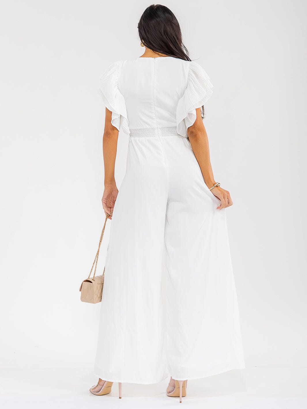 WOMEN'S SHORT RUFFLE SLEEVE SURPLICE WIDE LEG JUMPSUIT