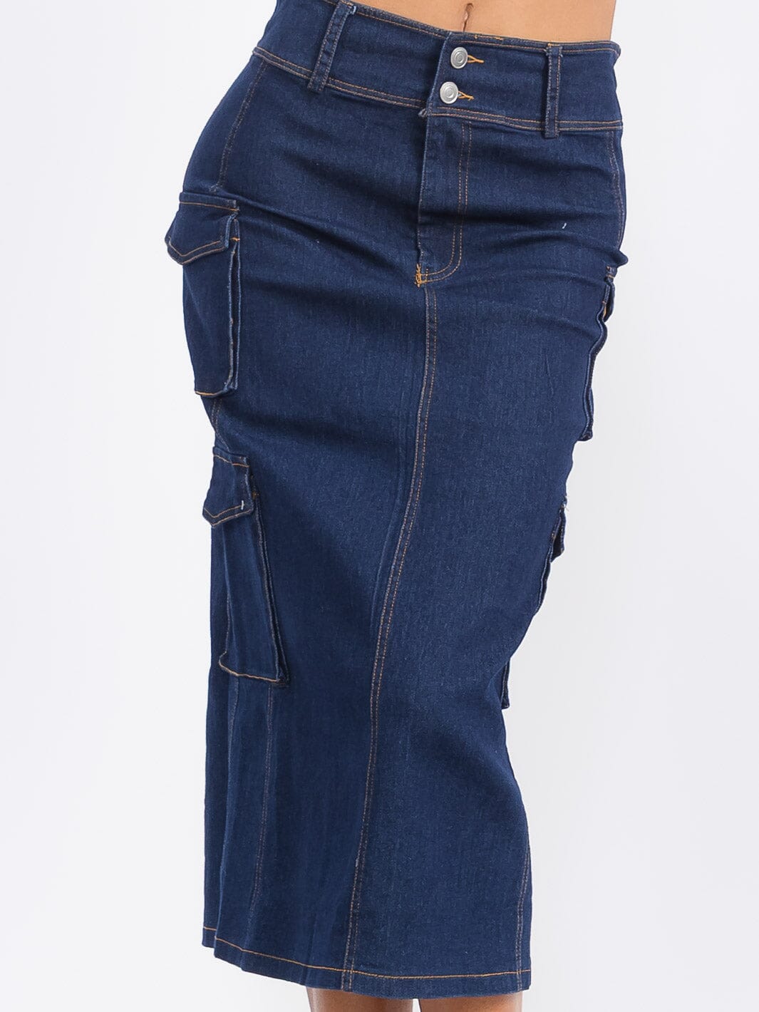 WOMEN'S BUTTON CLOSURE CARGO POCKETS DENIM MIDI SKIRT