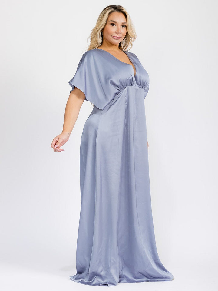 PUS SIZE SHORT SLEEVE V-NECK OPEN BACK MAXI GOWN DRESS