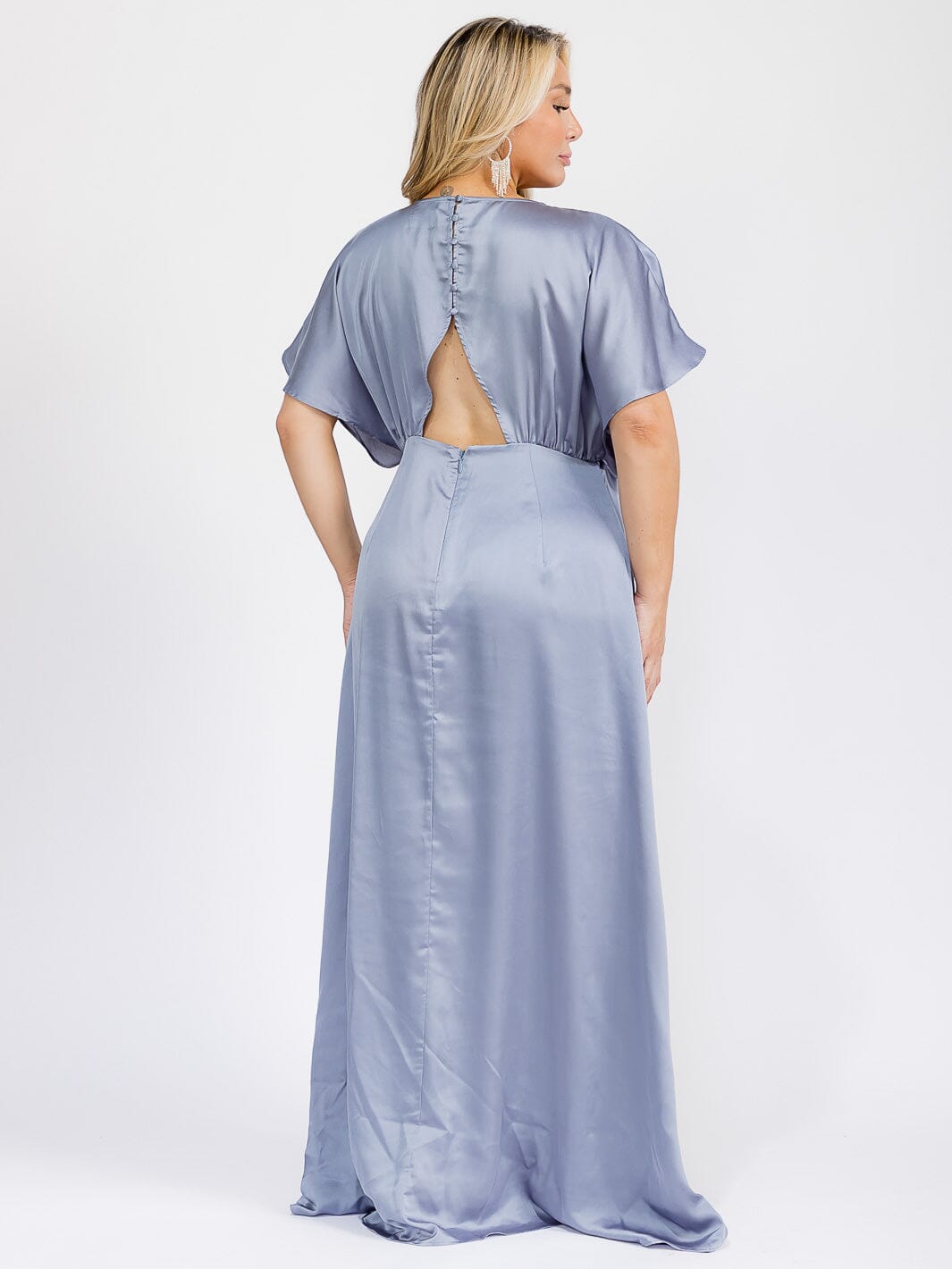 PUS SIZE SHORT SLEEVE V-NECK OPEN BACK MAXI GOWN DRESS