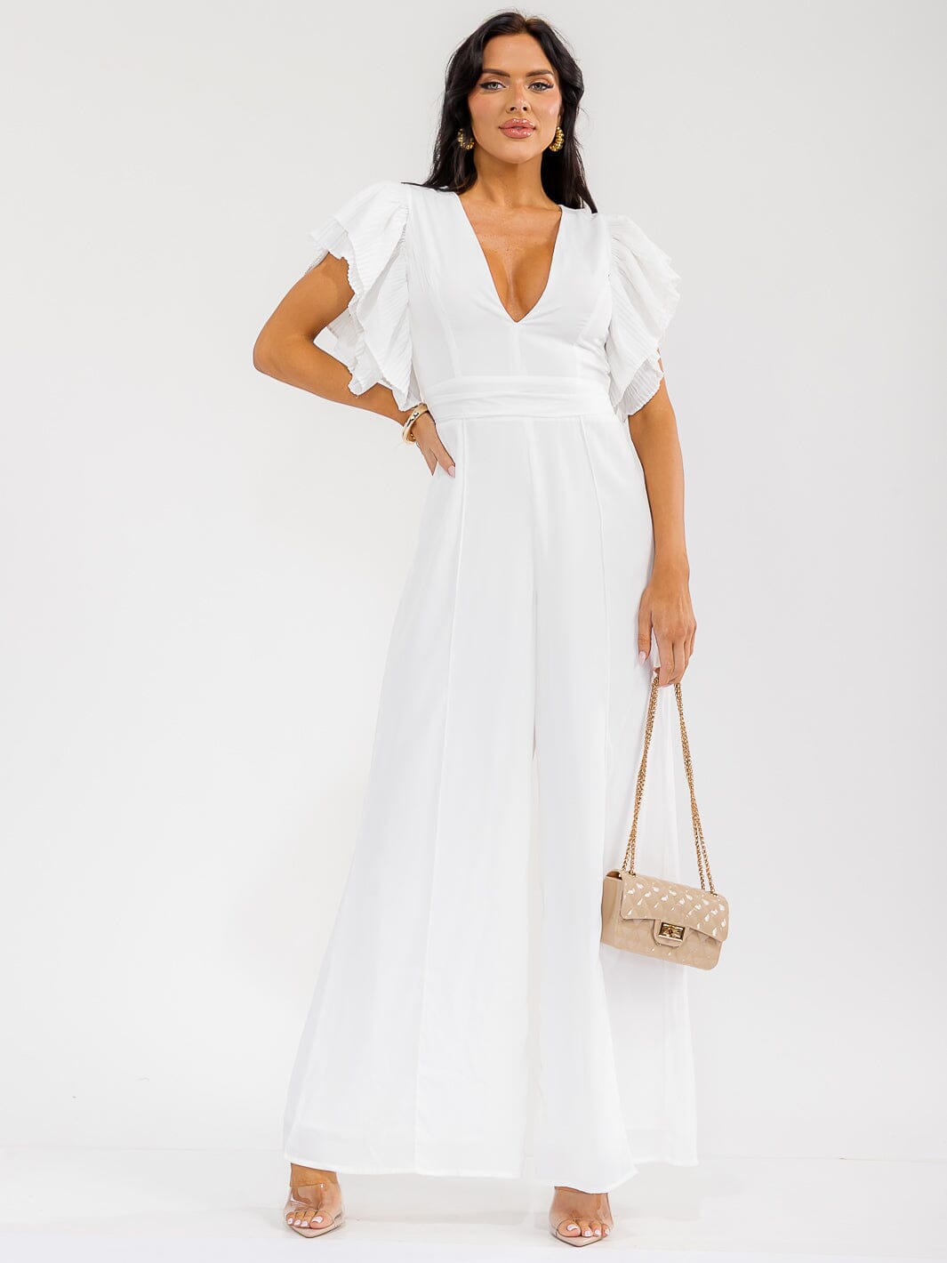 WOMEN'S SHORT RUFFLE SLEEVE SURPLICE WIDE LEG JUMPSUIT