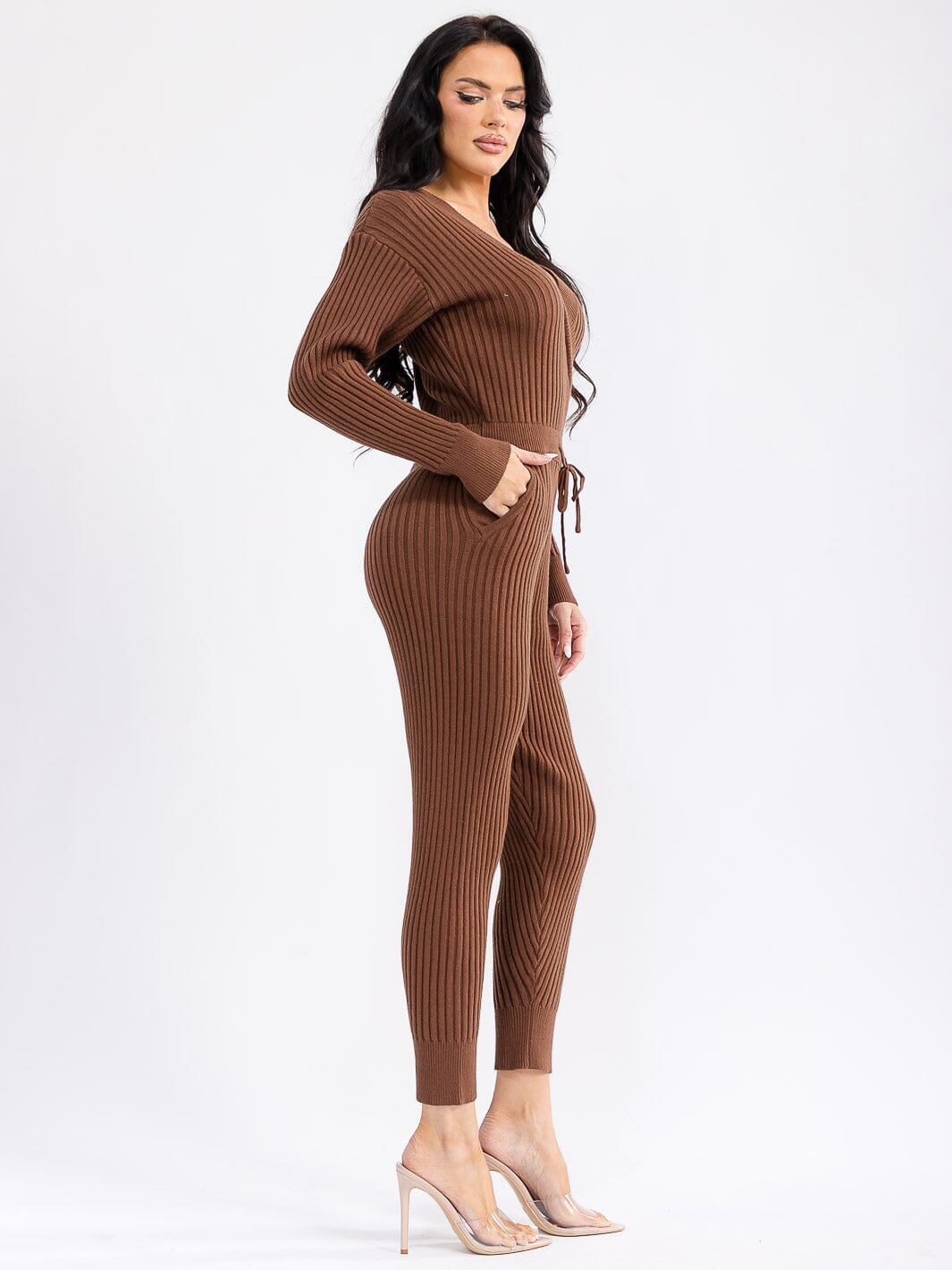 WOMEN'S LONG SLEEVE SURPLICE SELF TIE FRONT POCKETS SKINNY RIBBED JUMPSUIT