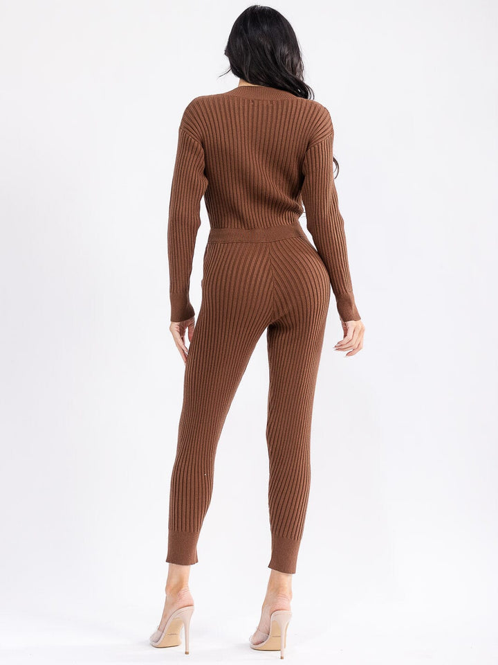 WOMEN'S LONG SLEEVE SURPLICE SELF TIE FRONT POCKETS SKINNY RIBBED JUMPSUIT