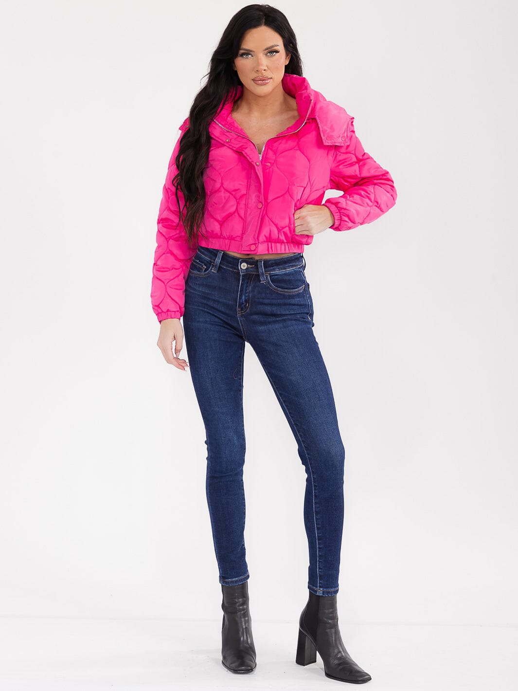 WOMEN'S LONG SLEEVE BUTTON CLOSURE FRONT POCKETS HOODED PUFFER JACKET