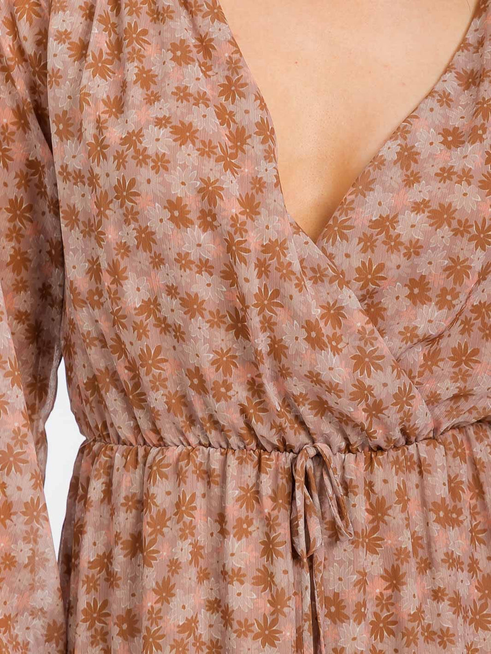 WOMEN'S LONG SLEEVE SURPLICE ELASTIC WAIST FLORAL MINI DRESS