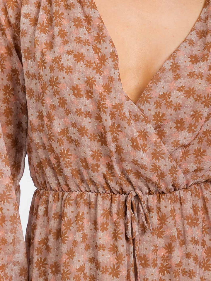 WOMEN'S LONG SLEEVE SURPLICE ELASTIC WAIST FLORAL MINI DRESS