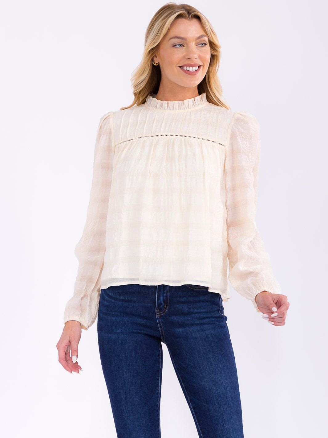 WOMEN'S LONG SLEEVE MOCK NECK DETAILED BLOUSE