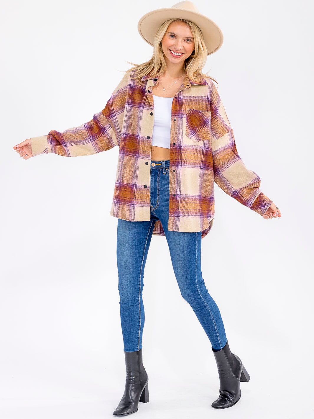WOMEN'S LONG SLEEVE BUTTON CLOSURE FRONT POCKETS PLAID FRINGE JACKET