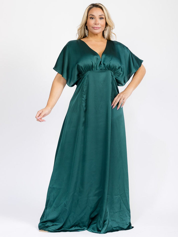 PUS SIZE SHORT SLEEVE V-NECK OPEN BACK MAXI GOWN DRESS