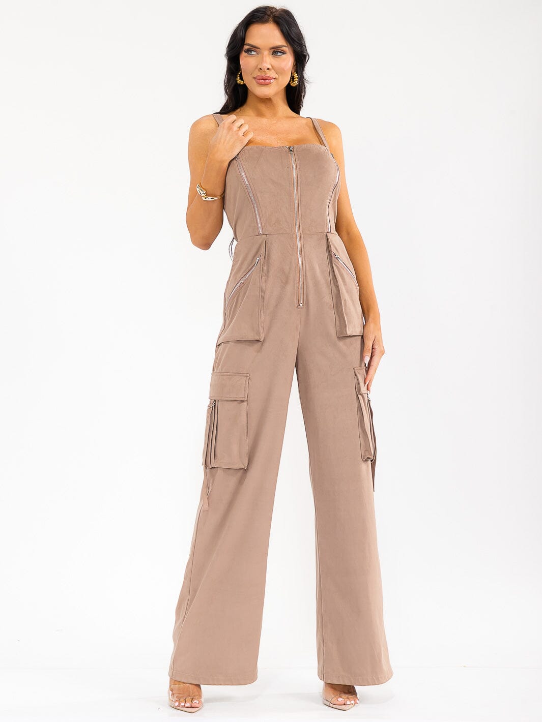 WOMEN'S SLEEVELESS ZIP UP POCKETS WIDE LEG JUMPSUIT