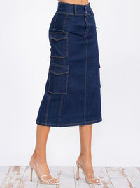 WOMEN'S BUTTON CLOSURE CARGO POCKETS DENIM MIDI SKIRT