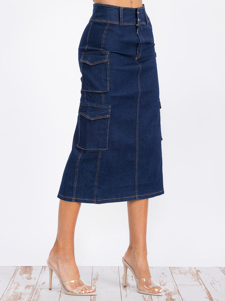 WOMEN'S BUTTON CLOSURE CARGO POCKETS DENIM MIDI SKIRT