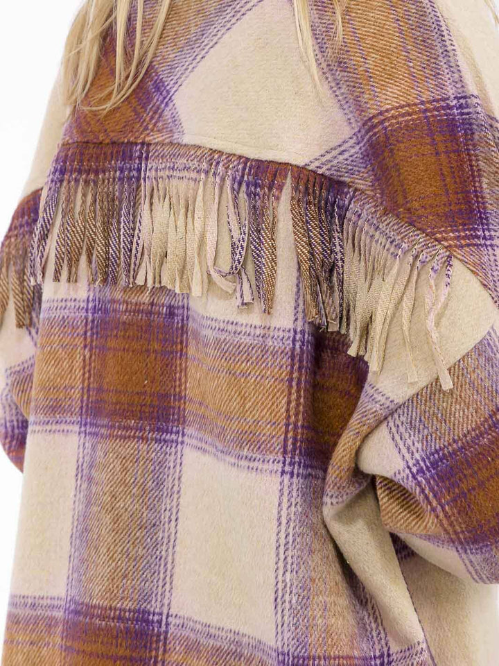 WOMEN'S LONG SLEEVE BUTTON CLOSURE FRONT POCKETS PLAID FRINGE JACKET