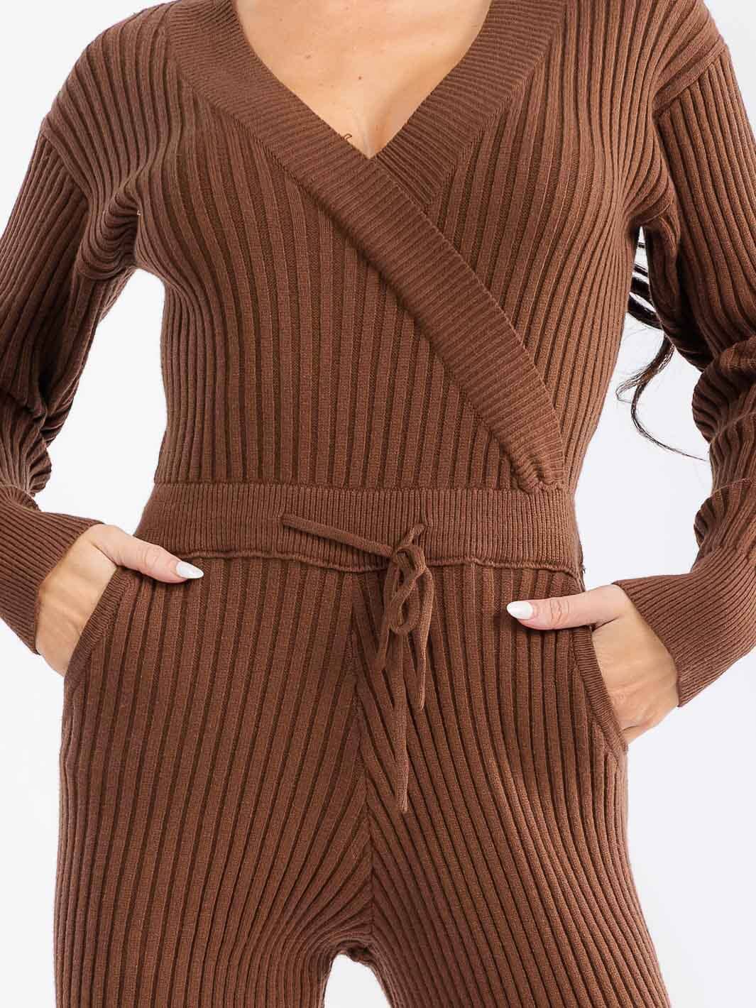 WOMEN'S LONG SLEEVE SURPLICE SELF TIE FRONT POCKETS SKINNY RIBBED JUMPSUIT