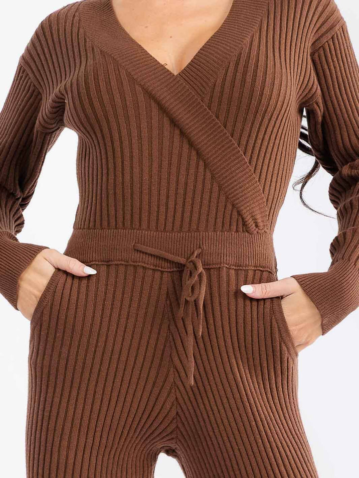 WOMEN'S LONG SLEEVE SURPLICE SELF TIE FRONT POCKETS SKINNY RIBBED JUMPSUIT