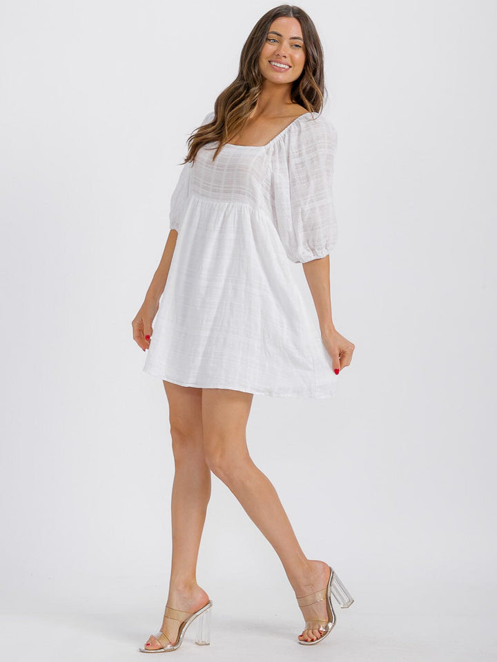 WOMEN'S SHORT SLEEVE SQUARE NECK SMOCK OPEN BACK MINI DRESS