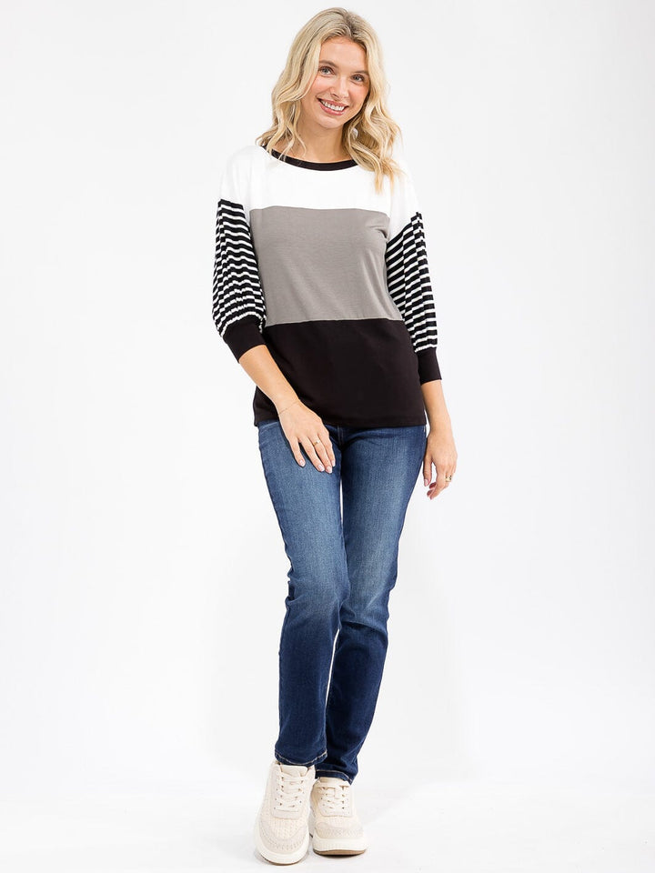 WOMEN'S 3/4 SLEEVE COLORBLOCK STRIPES LOOSE FIT TOP