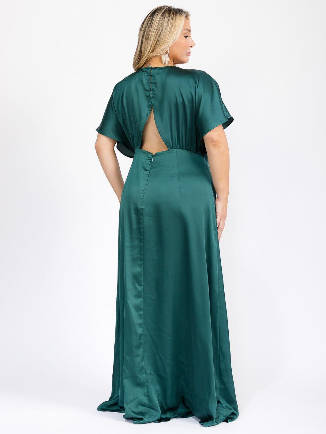 PUS SIZE SHORT SLEEVE V-NECK OPEN BACK MAXI GOWN DRESS