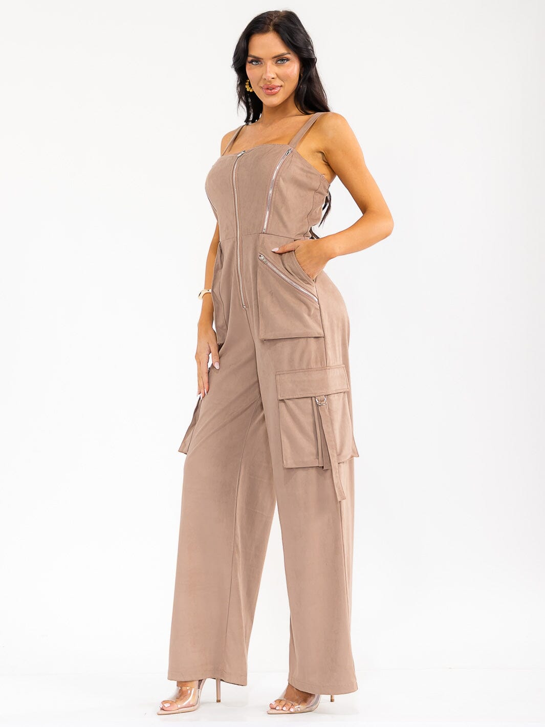 WOMEN'S SLEEVELESS ZIP UP POCKETS WIDE LEG JUMPSUIT