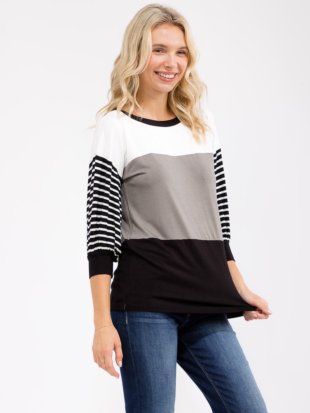 WOMEN'S 3/4 SLEEVE COLORBLOCK STRIPES LOOSE FIT TOP