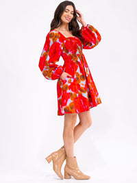 WOMEN'S LONG PUFF SLEEVE SMOCK POCKETS TIERED MULTI PRINT MINI DRESS