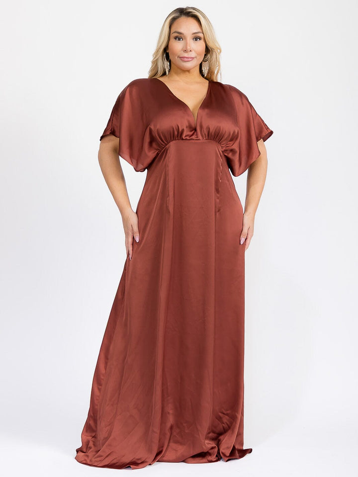 PUS SIZE SHORT SLEEVE V-NECK OPEN BACK MAXI GOWN DRESS