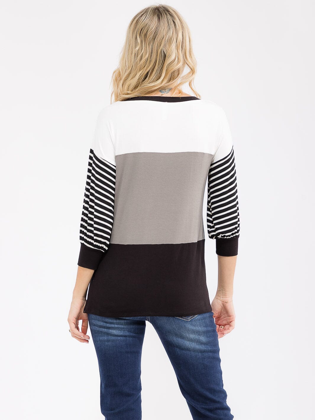 WOMEN'S 3/4 SLEEVE COLORBLOCK STRIPES LOOSE FIT TOP