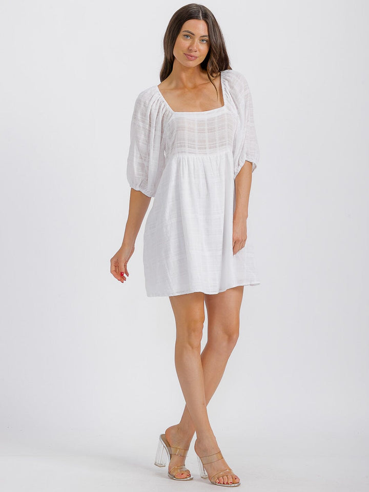 WOMEN'S SHORT SLEEVE SQUARE NECK SMOCK OPEN BACK MINI DRESS