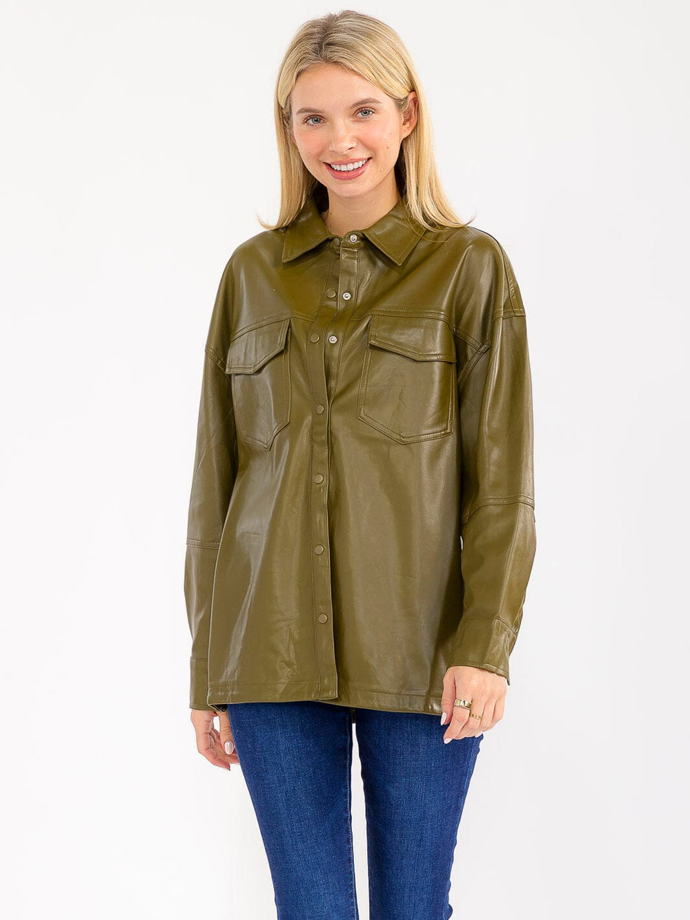WOMEN'S LONG SLEEVE BUTTON CLOSURE FRONT POCKETS PU PLEATHER JACKET