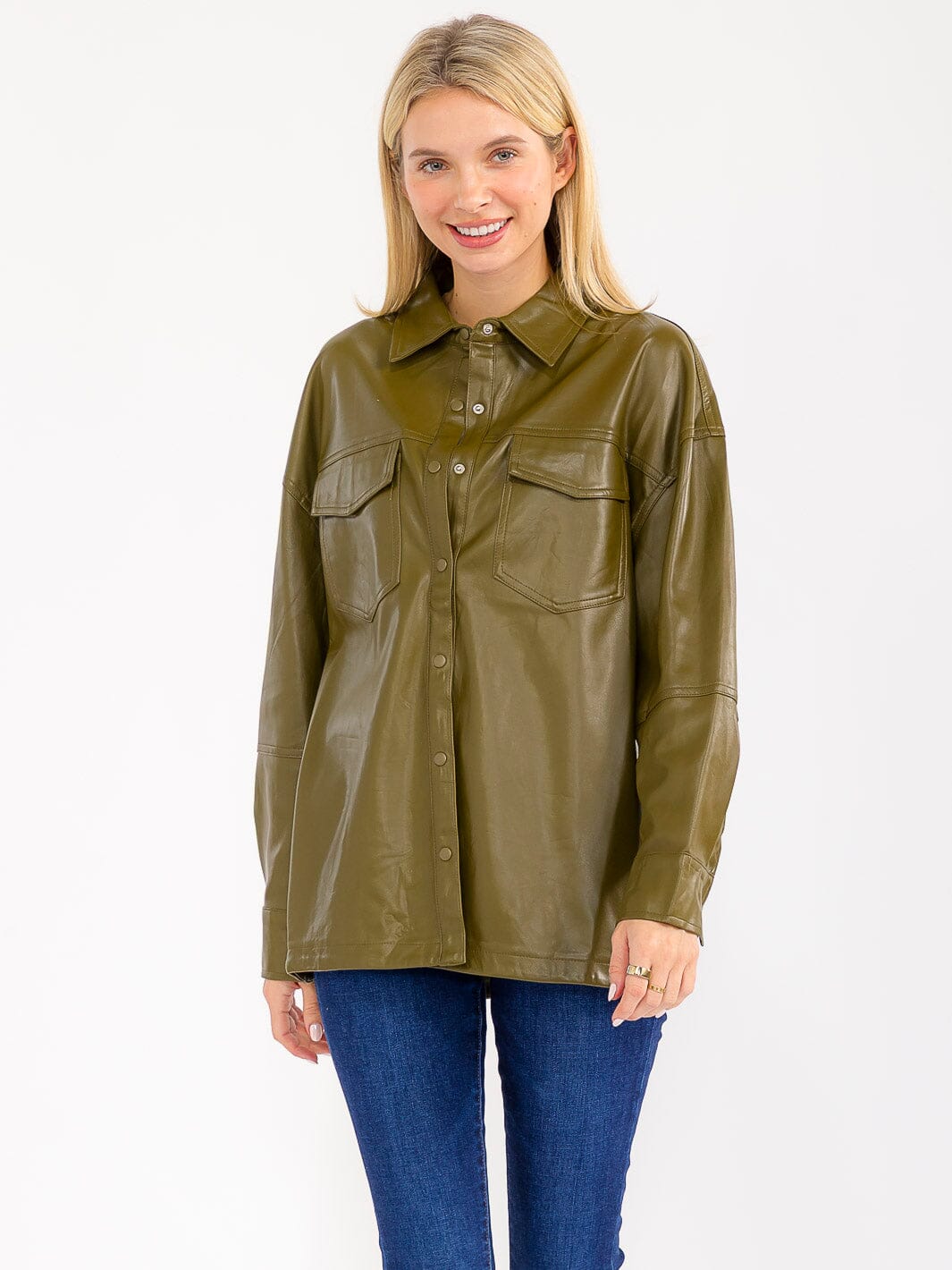 WOMEN'S LONG SLEEVE BUTTON CLOSURE FRONT POCKETS PU PLEATHER JACKET