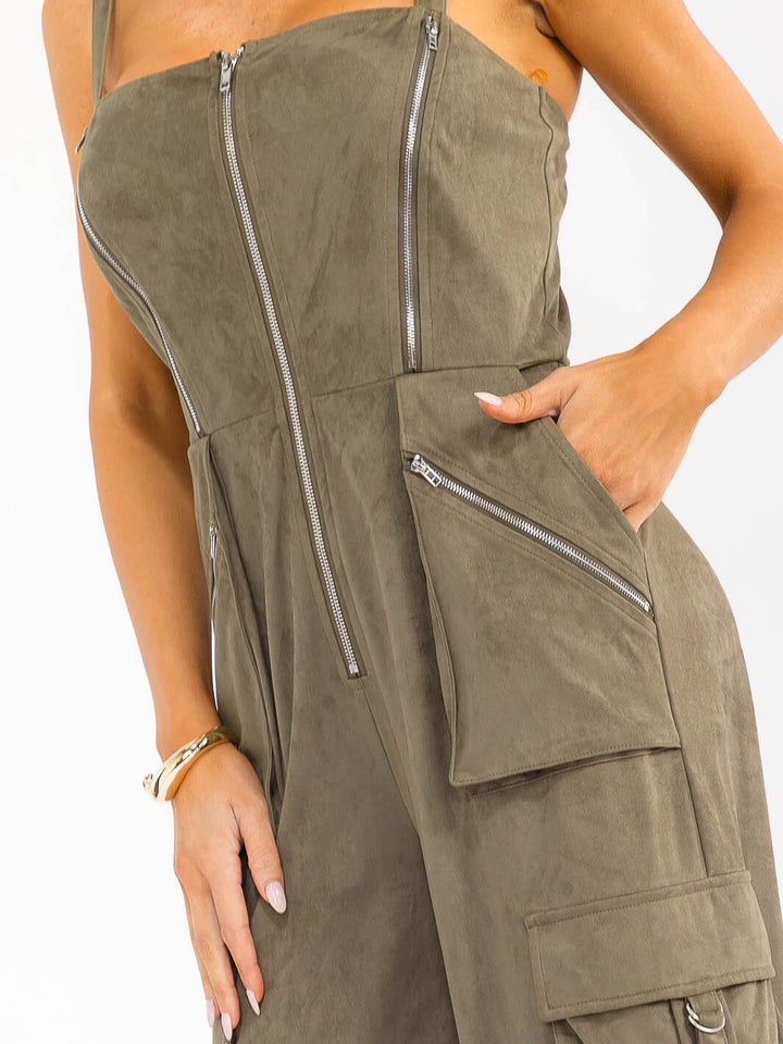 WOMEN'S SLEEVELESS ZIP UP POCKETS WIDE LEG JUMPSUIT