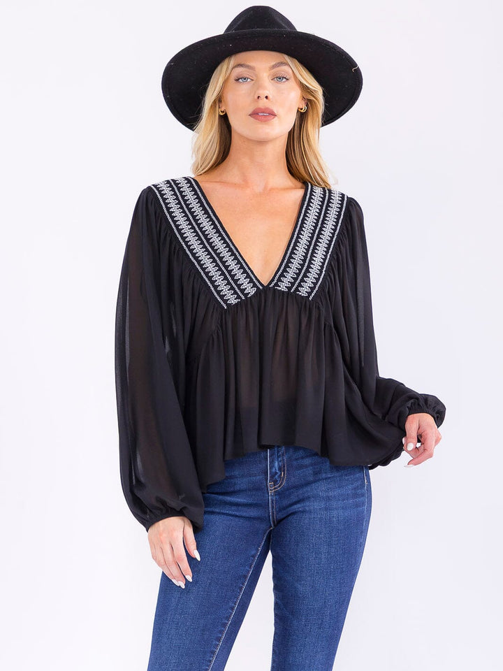 WOMEN'S LONG SLEEVE V-NECK OPEN BACK BLOUSE
