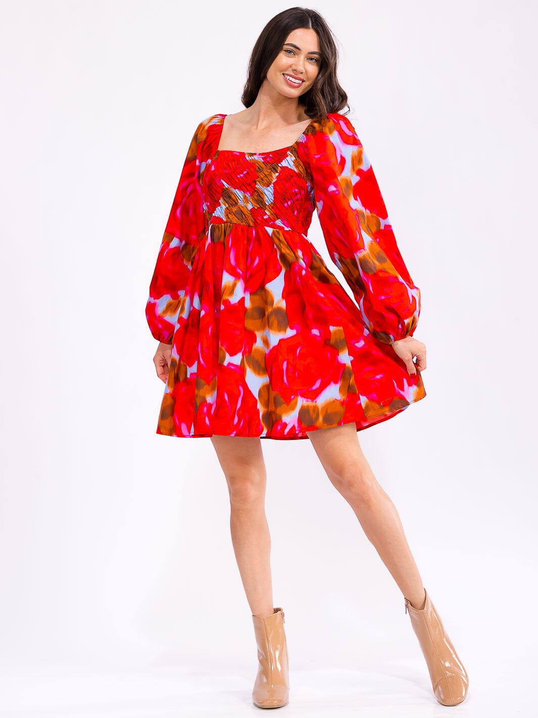 WOMEN'S LONG PUFF SLEEVE SMOCK POCKETS TIERED MULTI PRINT MINI DRESS