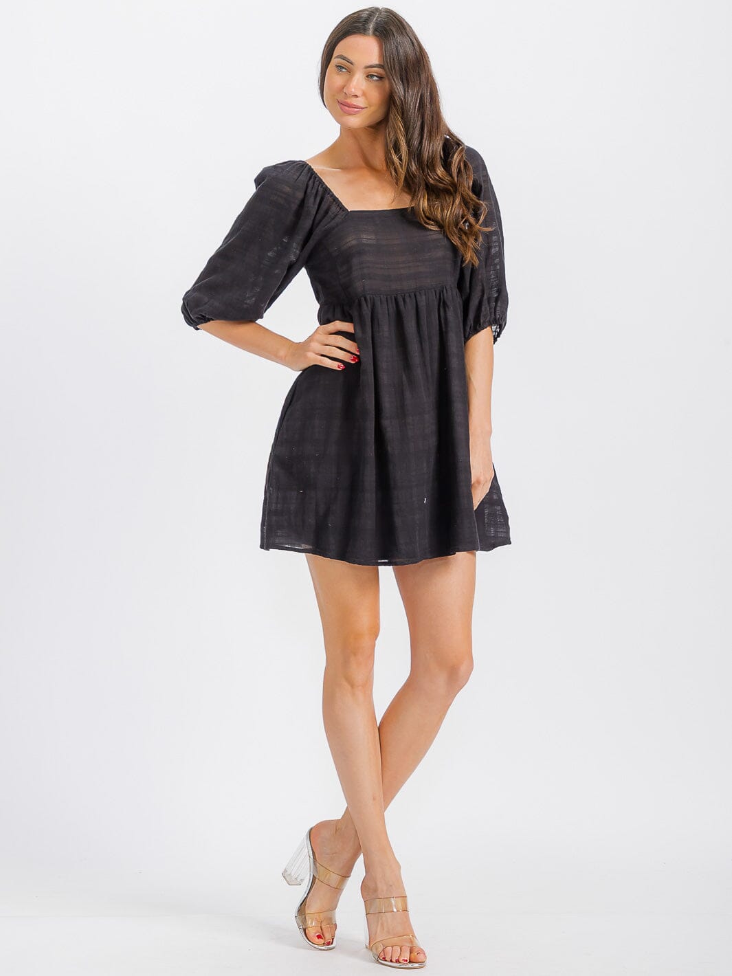 WOMEN'S SHORT SLEEVE SQUARE NECK SMOCK OPEN BACK MINI DRESS