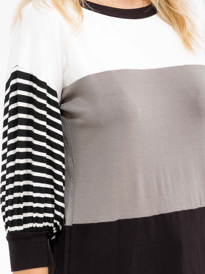 WOMEN'S 3/4 SLEEVE COLORBLOCK STRIPES LOOSE FIT TOP