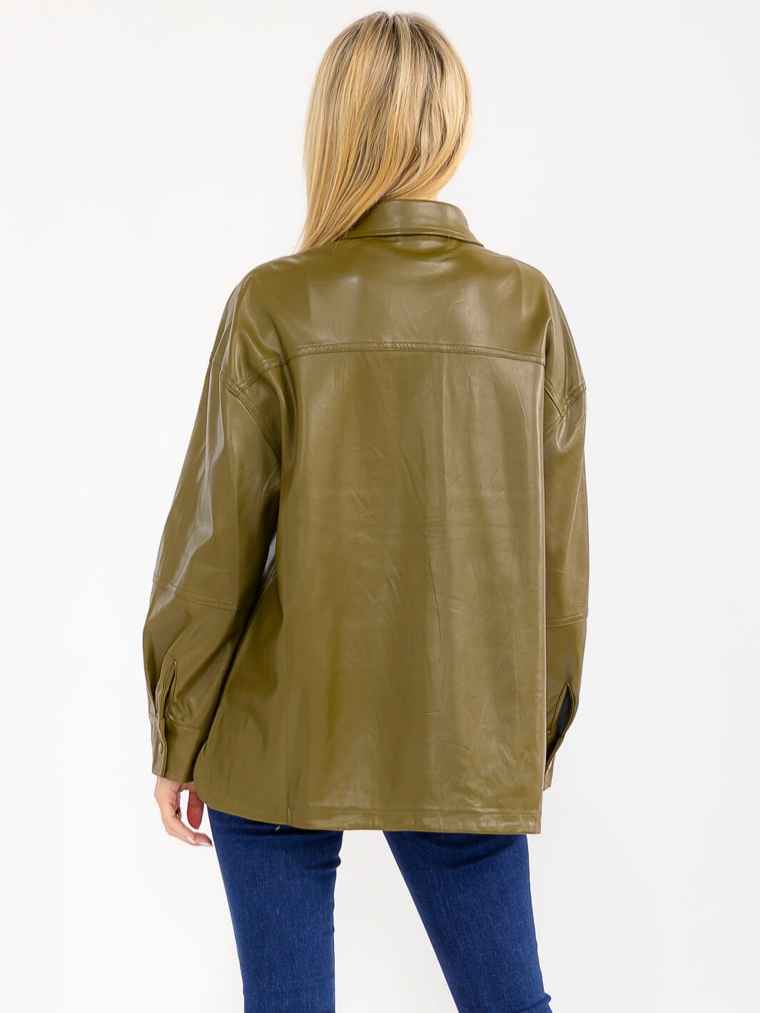 WOMEN'S LONG SLEEVE BUTTON CLOSURE FRONT POCKETS PU PLEATHER JACKET