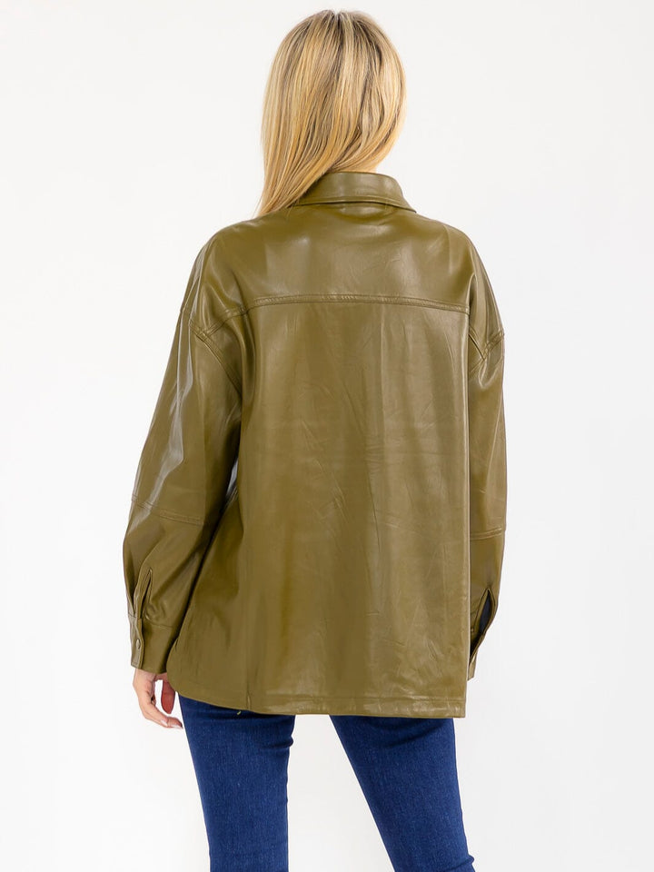 WOMEN'S LONG SLEEVE BUTTON CLOSURE FRONT POCKETS PU PLEATHER JACKET