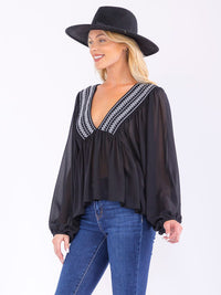 WOMEN'S LONG SLEEVE V-NECK OPEN BACK BLOUSE