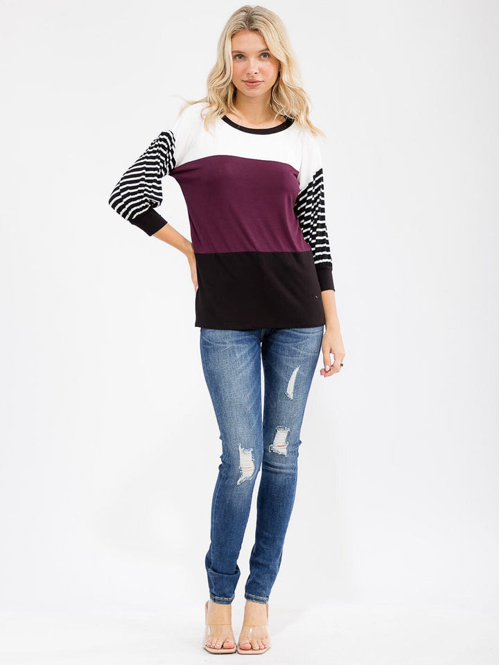 WOMEN'S 3/4 SLEEVE COLORBLOCK STRIPES LOOSE FIT TOP