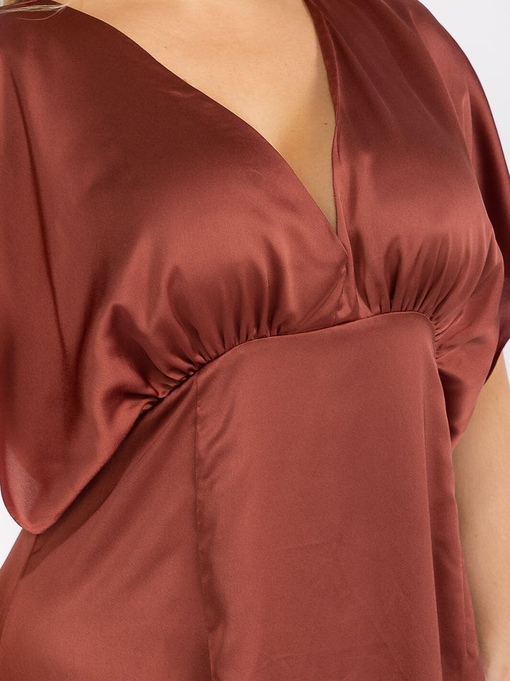 PUS SIZE SHORT SLEEVE V-NECK OPEN BACK MAXI GOWN DRESS