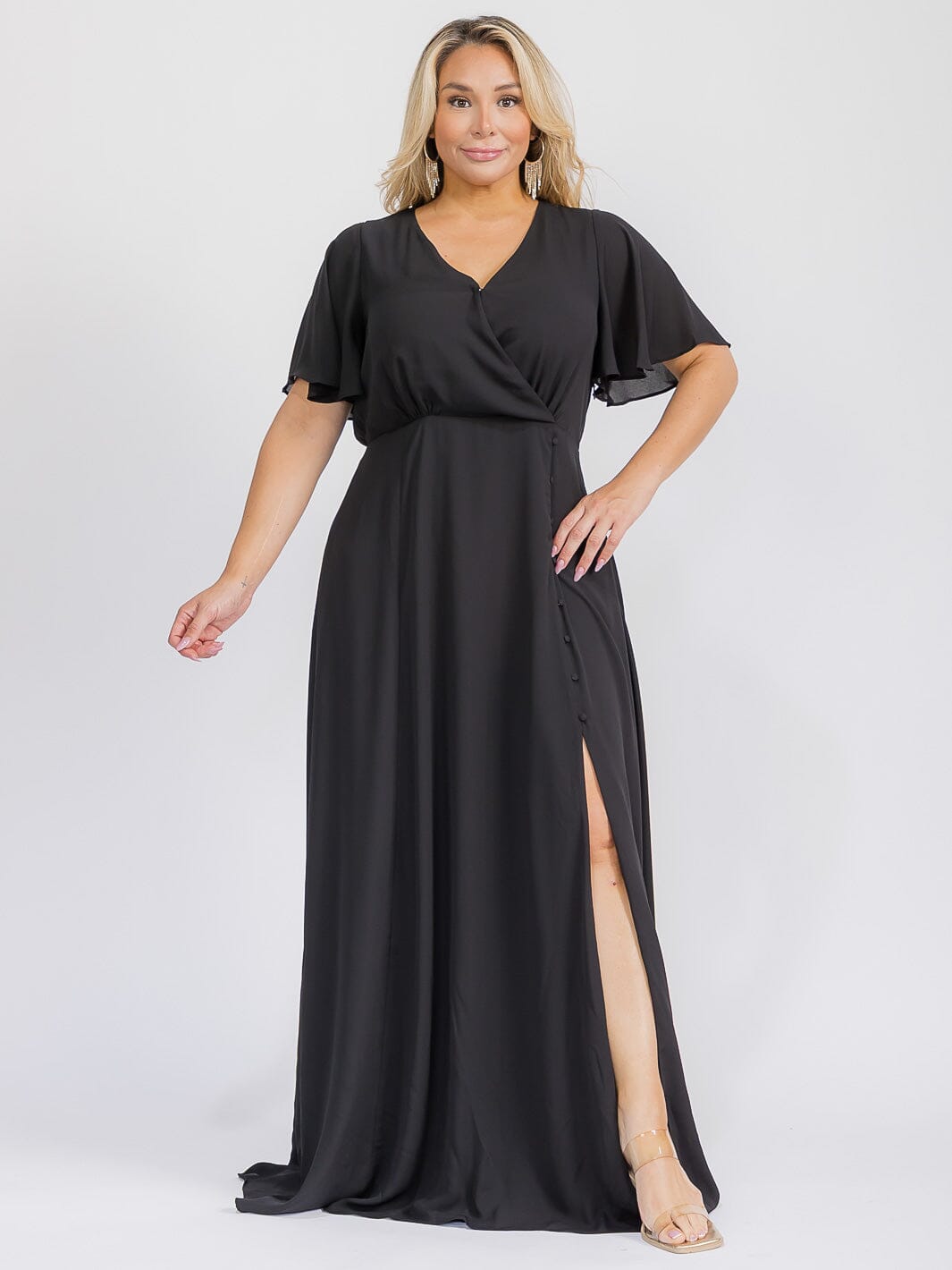 PUS SIZE SHORT SLEEVE V-NECK SURPLICE FRONT SLIT MAXI GOWN DRESS